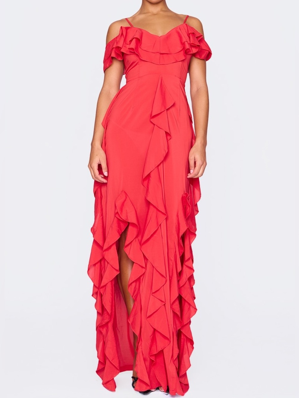 PrettyLittleThing Red Ruffle Maxi Dress